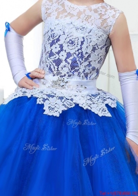 See Through Scoop Laced and Belted Mini Quinceanera Dress in Royal Blue