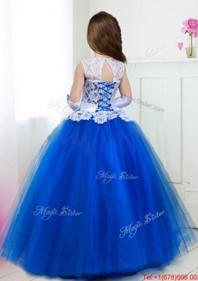 See Through Scoop Laced and Belted Mini Quinceanera Dress in Royal Blue