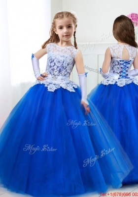 See Through Scoop Laced and Belted Mini Quinceanera Dress in Royal Blue