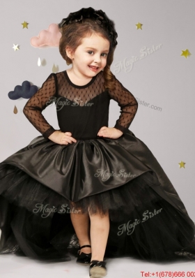 See Through Scoop Long Sleeves Brush Train Mini Quinceanera Dress in Black