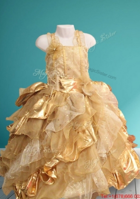 Wonderful Straps Hand Made Flowers and Sequined Mini Quinceanera Dress in Gold