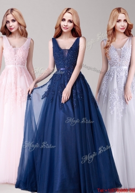 Best V Neck Navy Blue Tulle Prom Dress with Appliques and Belt