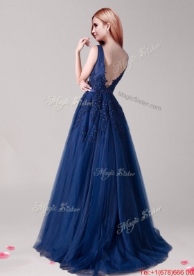 Best V Neck Navy Blue Tulle Prom Dress with Appliques and Belt