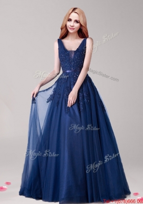 Best V Neck Navy Blue Tulle Prom Dress with Appliques and Belt