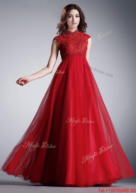 Cheap High Neck Cap Sleeves Red  Prom Dress with Lace