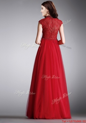 Cheap High Neck Cap Sleeves Red  Prom Dress with Lace