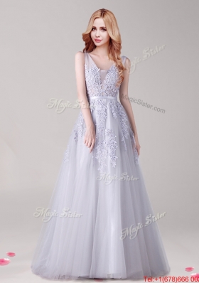 Cheap V Neck Applique and Belted Prom Dress in Tulle