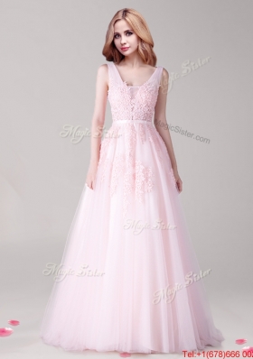 Cheap V Neck Applique and Belted Prom Dress in Tulle