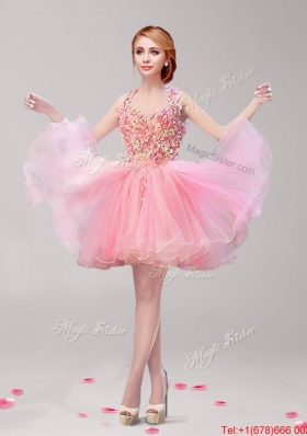 Classical Halter Top Hand Made Flowers and Ruffled Short Prom Dress in Rose Pink