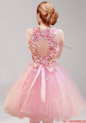 Classical Halter Top Hand Made Flowers and Ruffled Short Prom Dress in Rose Pink