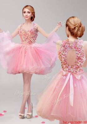 Classical Halter Top Hand Made Flowers and Ruffled Short Prom Dress in Rose Pink