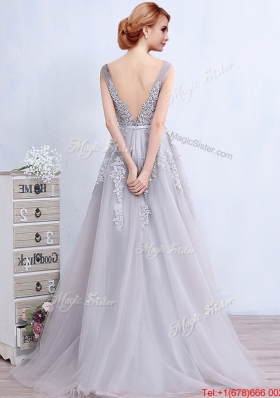 Discount V Neck Applique and Belted Grey Prom Dress with Brush Train