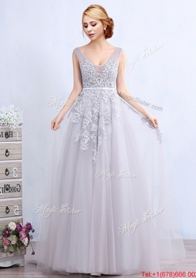 Discount V Neck Applique and Belted Grey Prom Dress with Brush Train