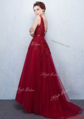 Elegant V Neck Wine Red Prom Dress with Appliques and Belt