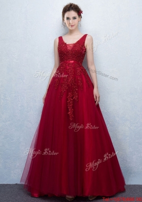 Elegant V Neck Wine Red Prom Dress with Appliques and Belt