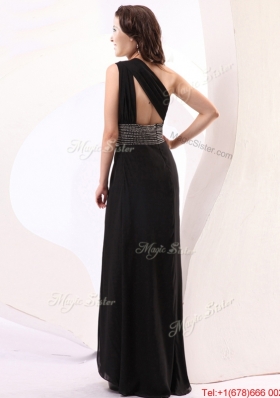 Fashionable One Shoulder Beaded High Slit Prom Dress in Black