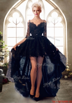 Fashionable Spaghetti Straps Half Sleeves Navy Blue Prom Dress with Beading and Lace
