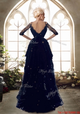 Fashionable Spaghetti Straps Half Sleeves Navy Blue Prom Dress with Beading and Lace