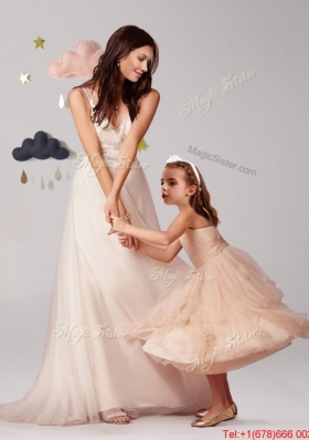 Gorgeous Straps Brush Train Prom Dress with Beading and Sweet Champagne Little Girl Dress with Appliques and Ruffled Layers