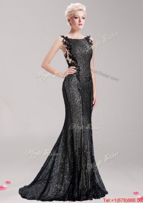 Luxurious Square Sequined and Applique Prom Dress in Black