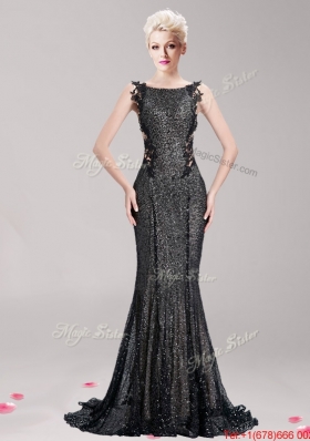 Luxurious Square Sequined and Applique Prom Dress in Black