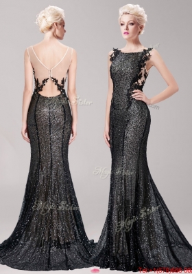 Luxurious Square Sequined and Applique Prom Dress in Black