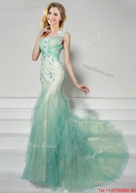 Luxurious Straps Apple Green Brush Train Prom Dress with Appliques