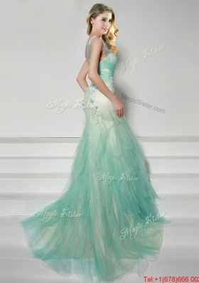 Luxurious Straps Apple Green Brush Train Prom Dress with Appliques
