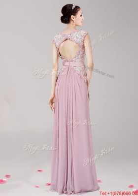 Most Popular Scoop Applique Chiffon Prom Dress in Pink