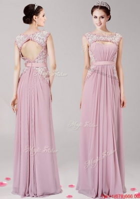 Most Popular Scoop Applique Chiffon Prom Dress in Pink