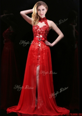 New Halter Top Laced and Sasheed Detachable Prom Dress in Red