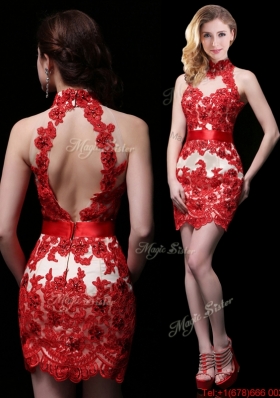 New Halter Top Laced and Sasheed Detachable Prom Dress in Red