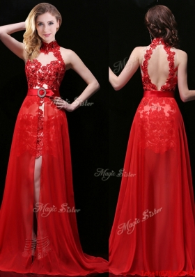 New Halter Top Laced and Sasheed Detachable Prom Dress in Red
