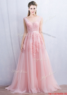 Pretty V Neck Tulle Baby Pink Prom Dress with Appliques and Belt