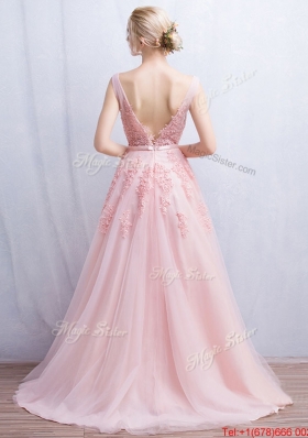 Pretty V Neck Tulle Baby Pink Prom Dress with Appliques and Belt