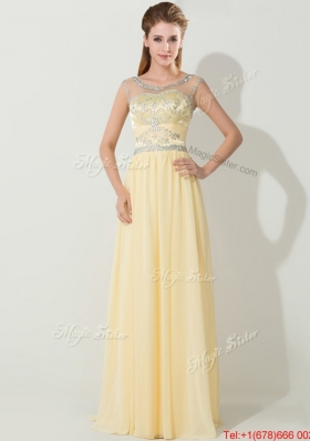 See Through Scoop Beaded Prom Dress in Light Yellow