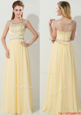 See Through Scoop Beaded Prom Dress in Light Yellow