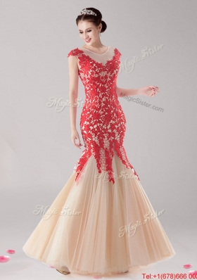 See Through Scoop Cap Sleeves Laced Prom Dress in Mermaid