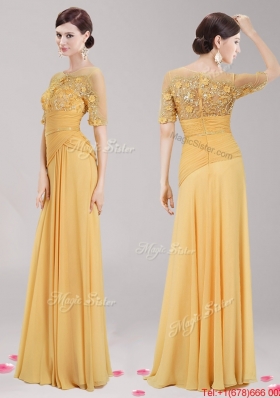 See Through Scoop Half Sleeves Applique and Belted Prom Dress in Gold