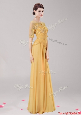 See Through Scoop Half Sleeves Applique and Belted Prom Dress in Gold