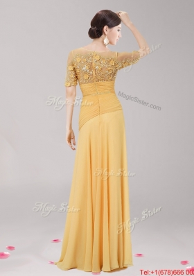 See Through Scoop Half Sleeves Applique and Belted Prom Dress in Gold