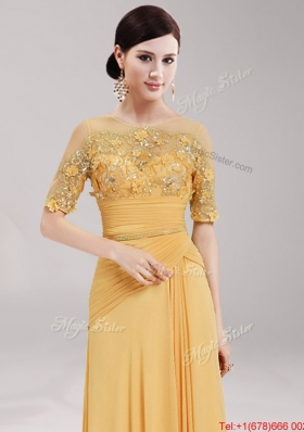 See Through Scoop Half Sleeves Applique and Belted Prom Dress in Gold