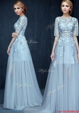 See Through Scoop Half Sleeves Applique Prom Dress in Light Blue