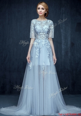 See Through Scoop Half Sleeves Applique Prom Dress in Light Blue