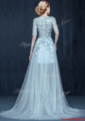 See Through Scoop Half Sleeves Applique Prom Dress in Light Blue