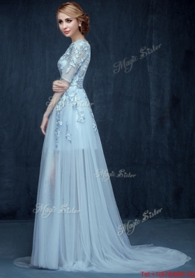 See Through Scoop Half Sleeves Applique Prom Dress in Light Blue