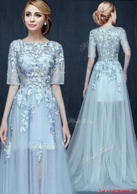 See Through Scoop Half Sleeves Applique Prom Dress in Light Blue