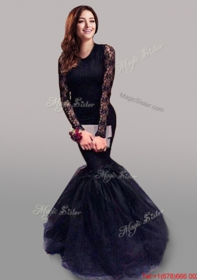 See Through Scoop Long Sleeves Laced Mermaid Prom Dress in Navy Blue