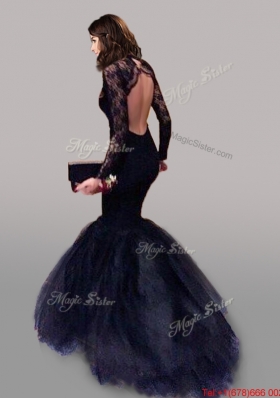 See Through Scoop Long Sleeves Laced Mermaid Prom Dress in Navy Blue