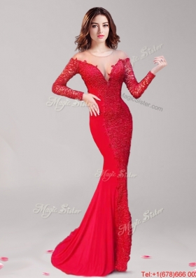 See Through Scoop Long Sleeves Red Mermaid Prom Dress with Lace